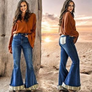 Lucky & Blessed Women's Brown Aztec Print Cuffed Dark Wash Denim Flare Jeans NWT